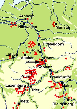 Die Verteilung der Besitzungen des Klosters Prüm im 8. Jahrhundert.